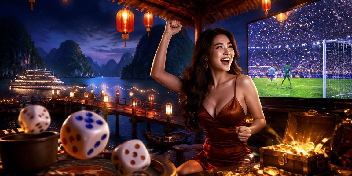 Hạ Long về đêm với hình ảnh xúc xắc gợi ý tài xỉu và trò chơi bàn